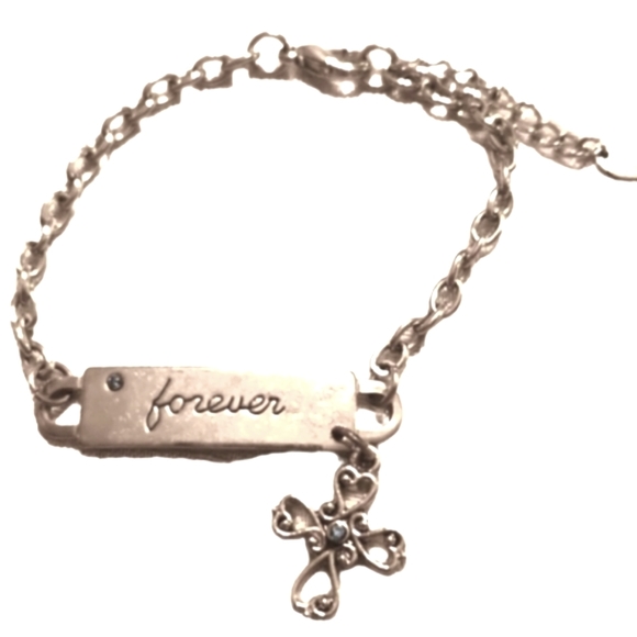 Silver bar bracelet chain vintage cross blue cz claires - Picture 1 of 4